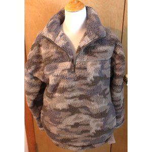 NEW Zenana Women's SMALL Half-Zip Sherpa Fleece Pullover Green Gray Camouflage